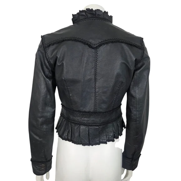 Vintage Y2K Black Leather Jacket Womens Small Ruffle Whimsygoth Romance Coquette - Picture 4 of 12
